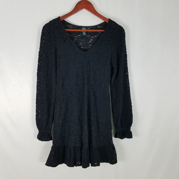 Wild Fable Shirt Dress Womens Extra Small New Black Knit Lace Long Sleeve V Neck - Picture 1 of 11